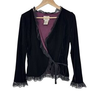 ICE Women's Black Velvet Lace Trim Wrap Jacket Blouse Sz PM Whimsigoth Witchy